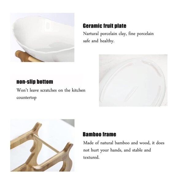 3Tier Ceramic Fruit Bowl w/ Bamboo Stand Kitchen Snacks Vegetable Storage White - Picture 3 of 4